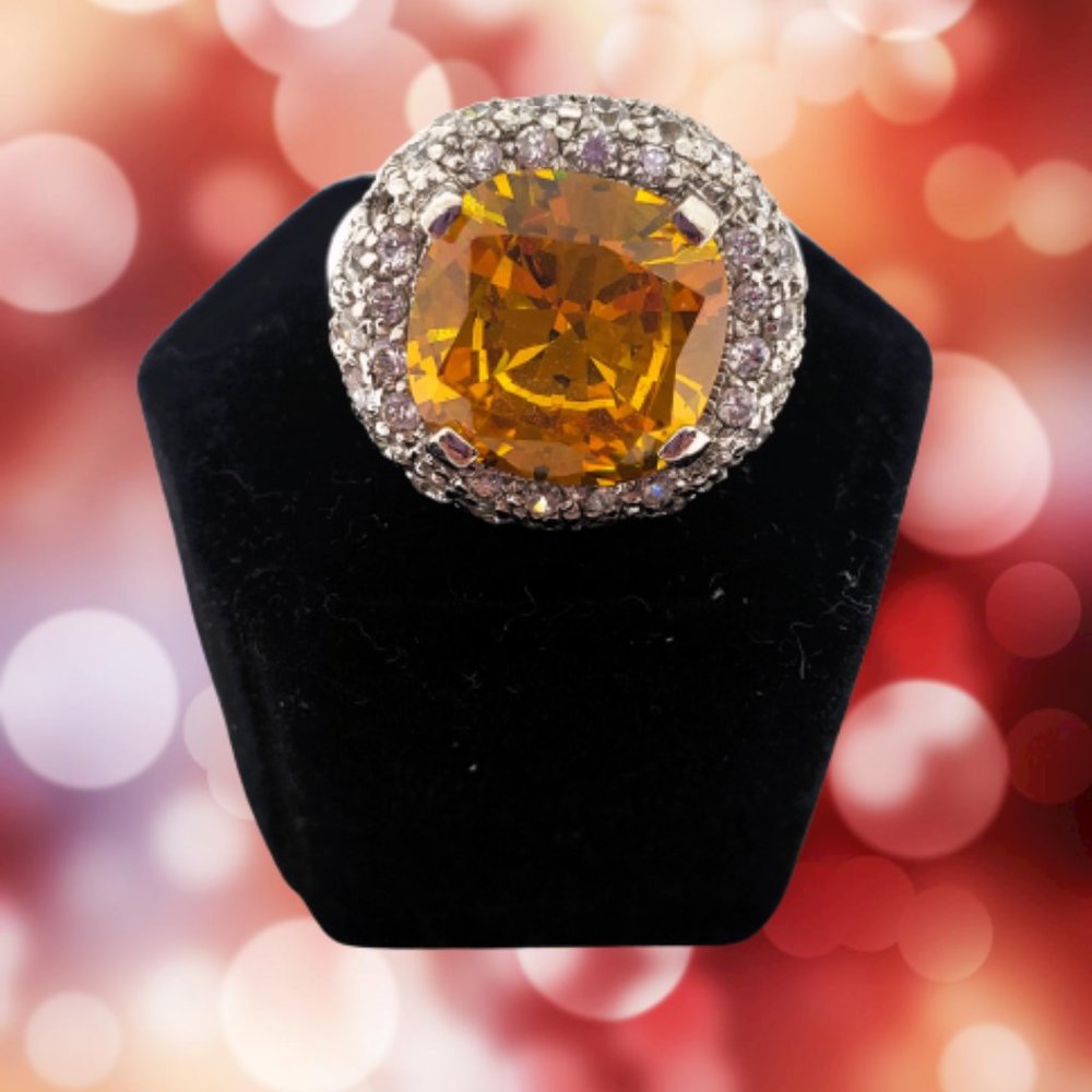 Simulated Yellow & Clear Gemstone Ring Size 6